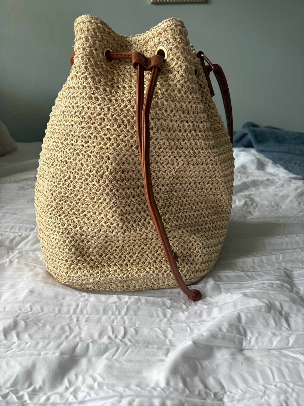 Montce Cream Woven Drawstring Shoulder Bucket Bag with Brown Strap